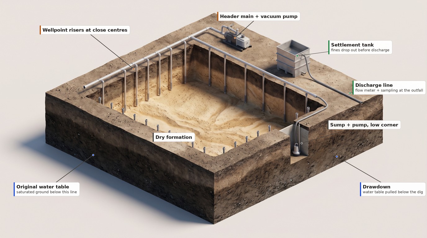 Labelled isometric cutaway of an excavation with wellpoint dewatering: original water table, drawdown, wellpoint risers, header main and vacuum pump, dry formation, sump and pump in the low corner, settlement tank, and discharge line