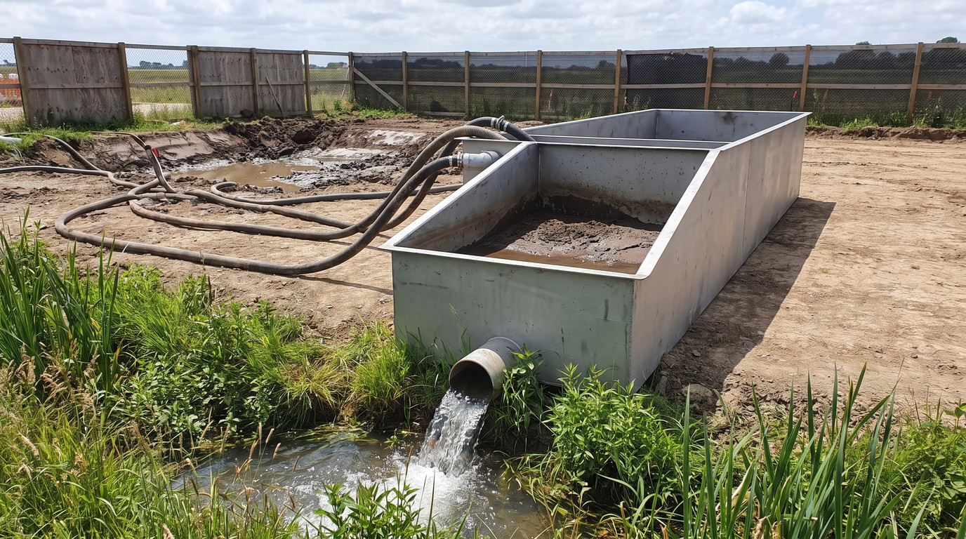 A steel settlement tank near a site boundary with silt visible in the first chamber and clear water leaving the outlet pipe towards a vegetated ditch
