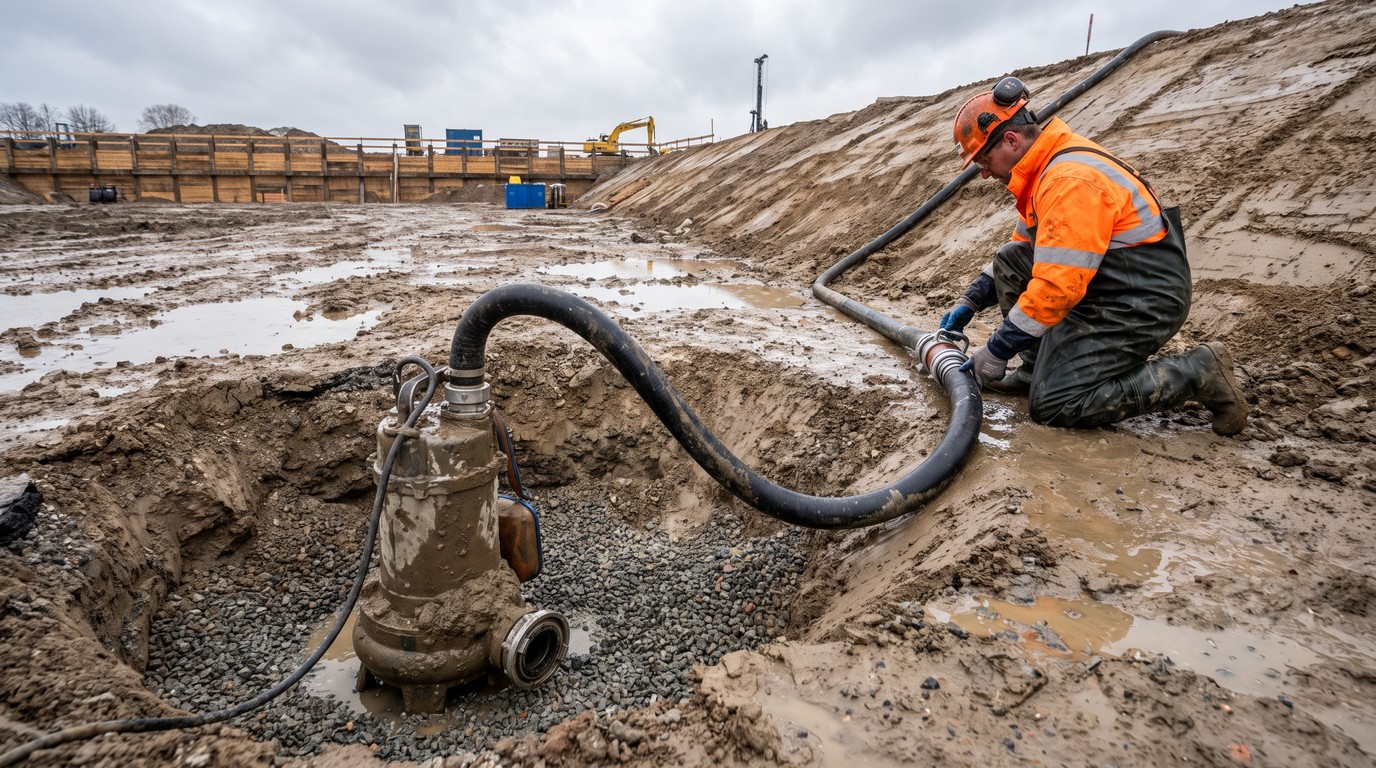 A submersible pump sitting in a gravel-lined sump at the corner of a wet excavation, with the discharge hose rising over the battered side and an operative checking the coupling
