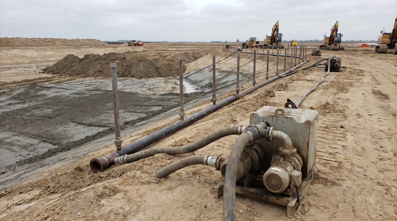 A line of wellpoint risers connected to a header main along the edge of a sandy excavation, with a vacuum pump unit in the foreground and visibly damp lowered ground inside the ring