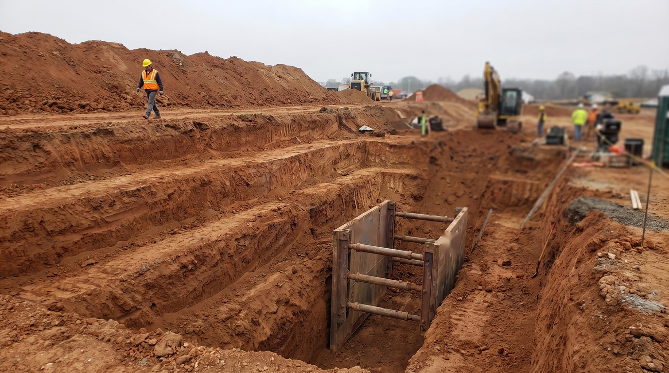 A benched excavation face stepping down to a trench box in the deepest run, with a worker in high-visibility clothing walking the clean upper bench