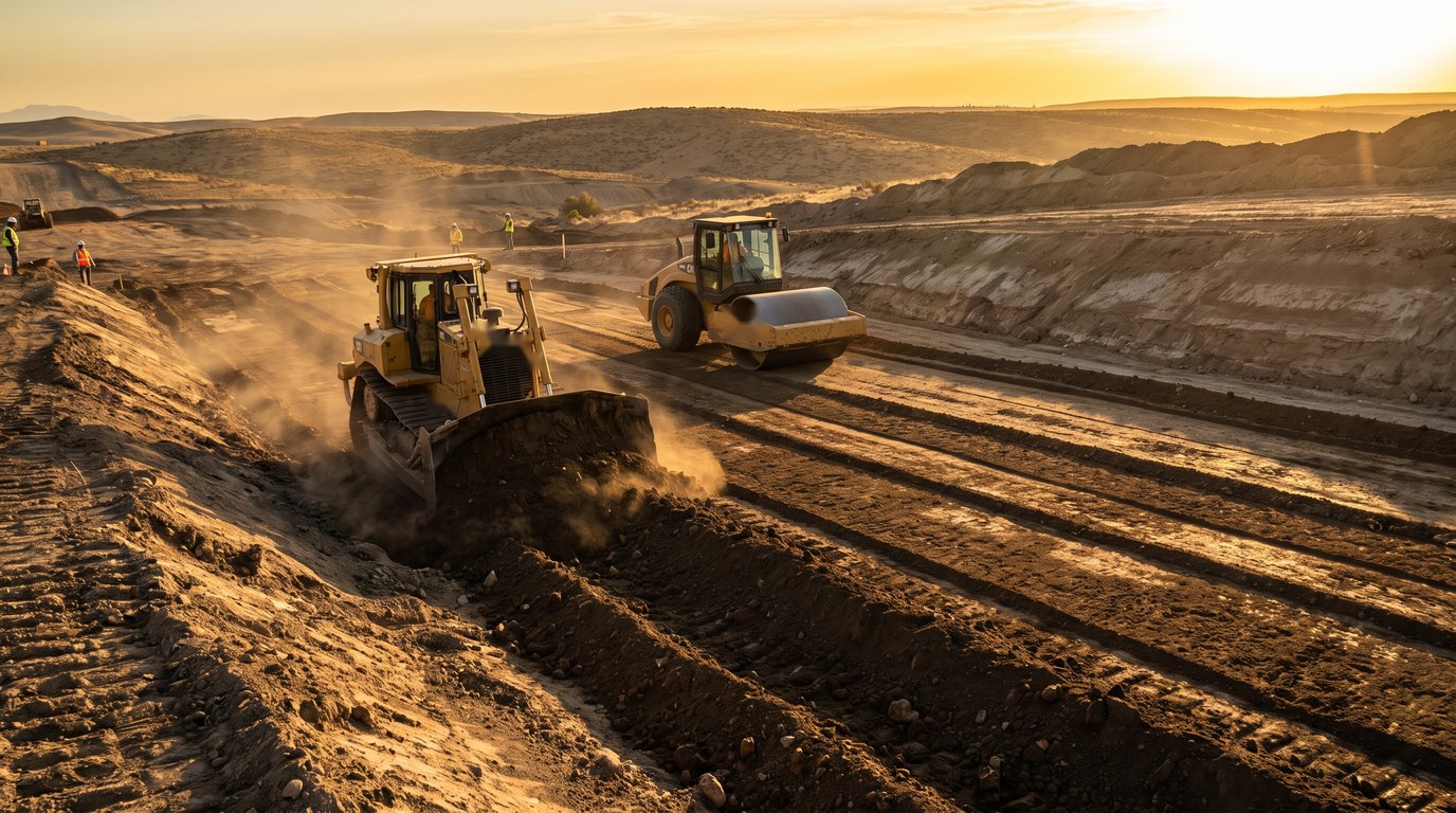 A bulldozer spreading a fresh layer of fill while a roller compacts the band behind it, low sun raking across the layered earth