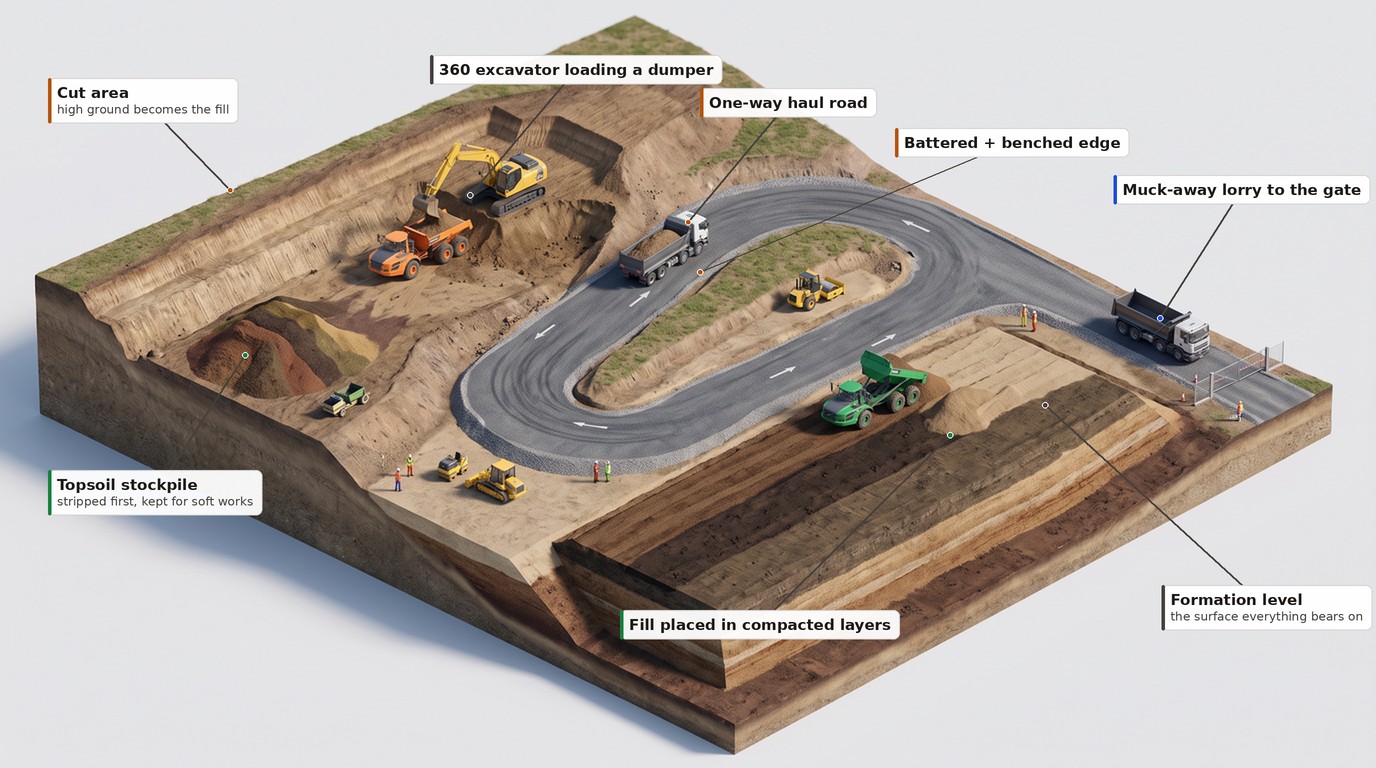 Labelled isometric illustration of a cut-and-fill earthworks site: cut area, excavator loading a dumper, one-way haul road, fill placed in compacted layers, topsoil stockpile, battered and benched edge, exposed formation level, and a muck-away lorry heading for the gate