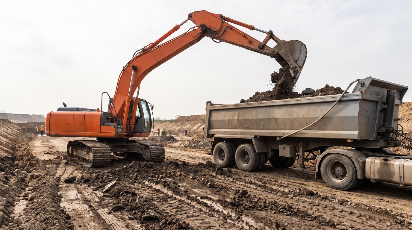 A 360 excavator dropping the last bucketful of soil into a muck-away tipper at the loading area, with haul road wheel lines in the foreground
