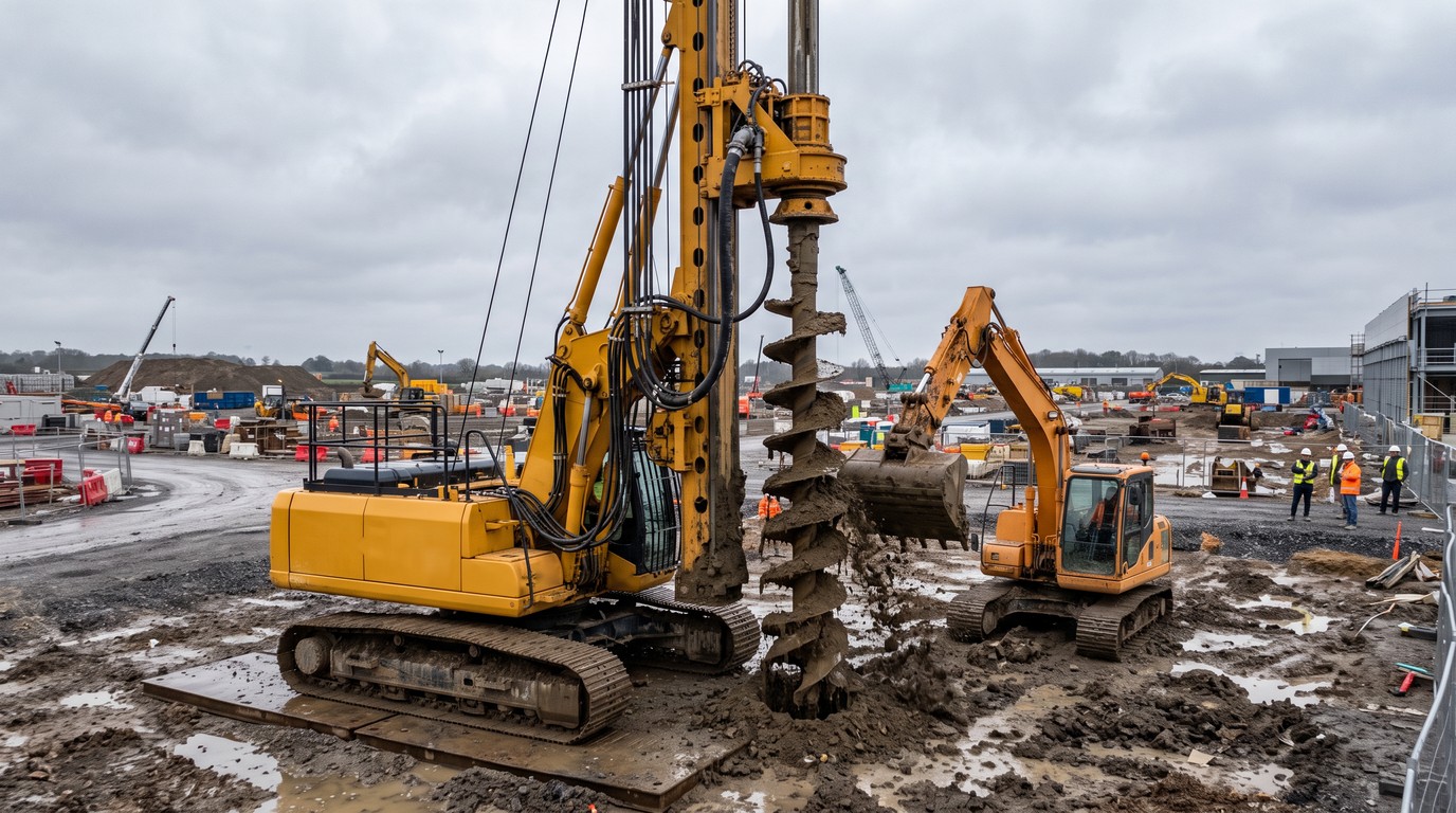 A CFA piling rig mid-sequence with the auger part-withdrawn and loaded with spoil, an excavator cleaning the flights, on a busy piling site under overcast light