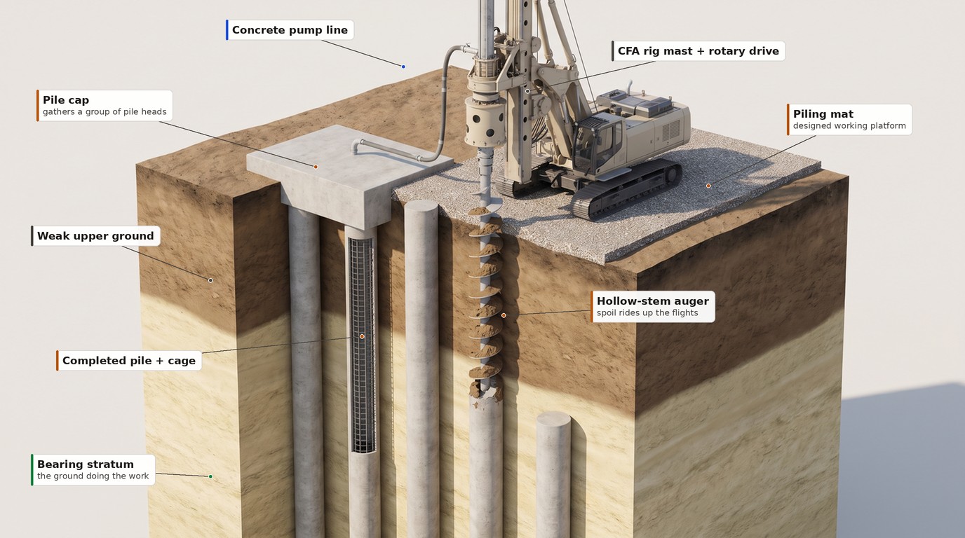 Labelled isometric cutaway of a CFA piling operation: rig mast and rotary drive, hollow-stem auger with spoil, concrete pump line, piling mat, weak upper ground, bearing stratum at depth, completed pile with reinforcement cage, and a pile cap