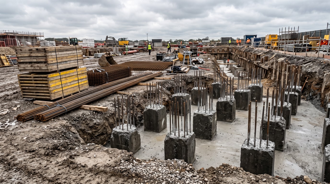 Cropped pile heads standing proud of a blinded excavation with cleaned reinforcement projecting, and pile cap formwork and bar bundles nearby