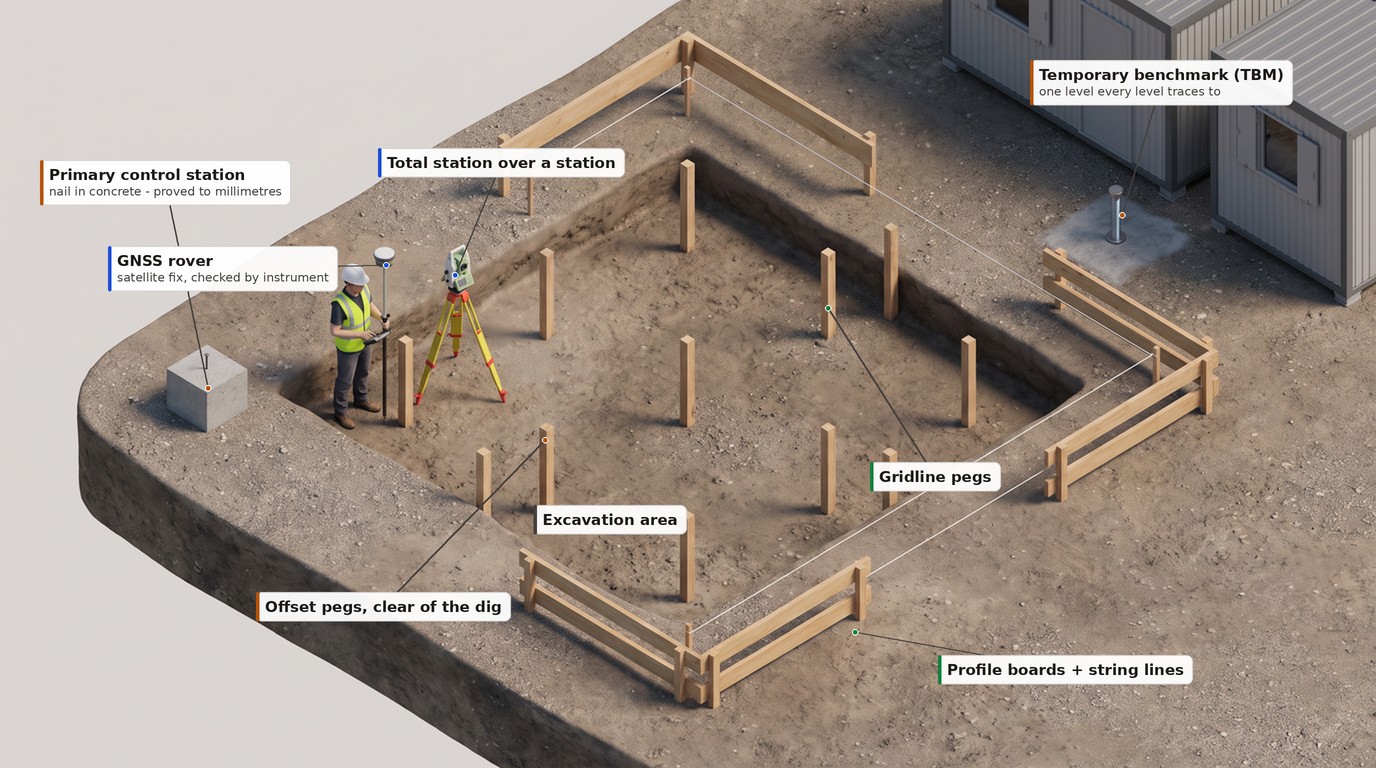 Labelled isometric illustration of survey control on a building site: primary control station, temporary benchmark, total station, GNSS rover, gridline pegs, offset pegs, profile boards with string lines, and the excavation area