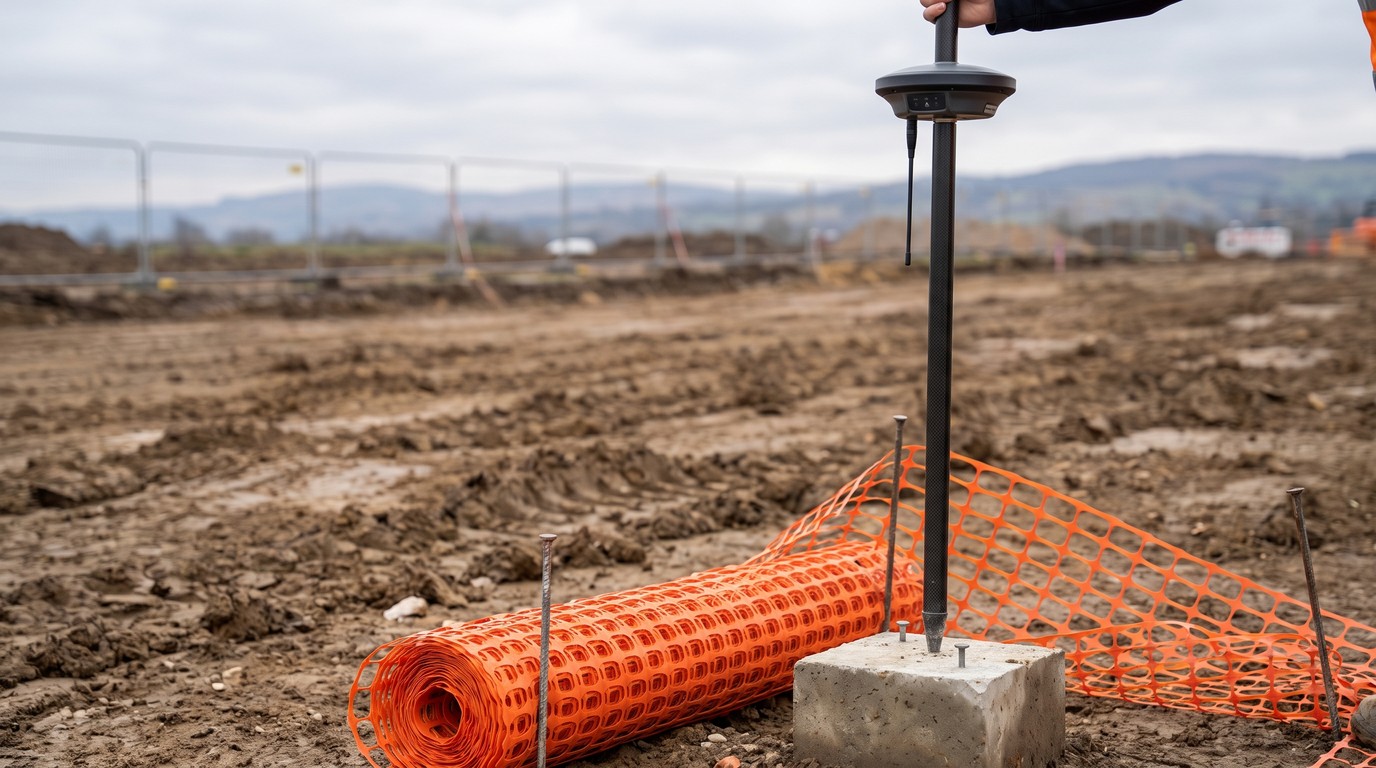 A GNSS receiver on a survey pole held plumb over a nail set in a small concrete block, with pinned mesh guarding the station and open earthworks behind