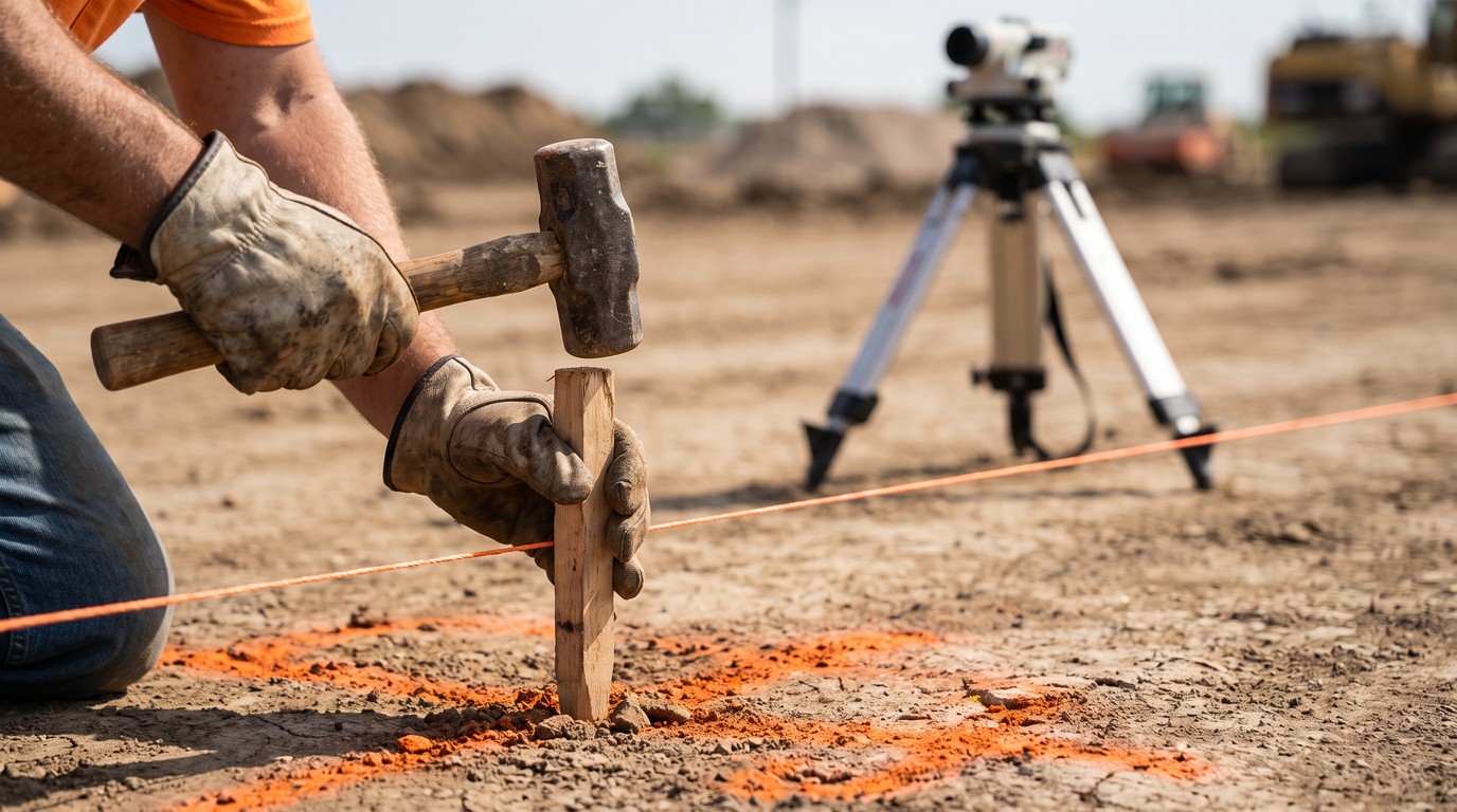 Gloved hands driving a timber peg beside a taut string line, with orange survey paint on the ground and a tripod-mounted instrument in the background