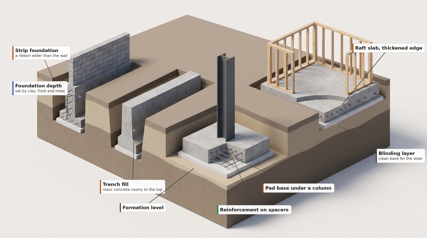 Labelled isometric cutaway comparing shallow foundation types in one block of ground: strip foundation under a wall, trench fill, pad base under a steel column, and a raft slab with thickened edge, with formation level, blinding and reinforcement marked