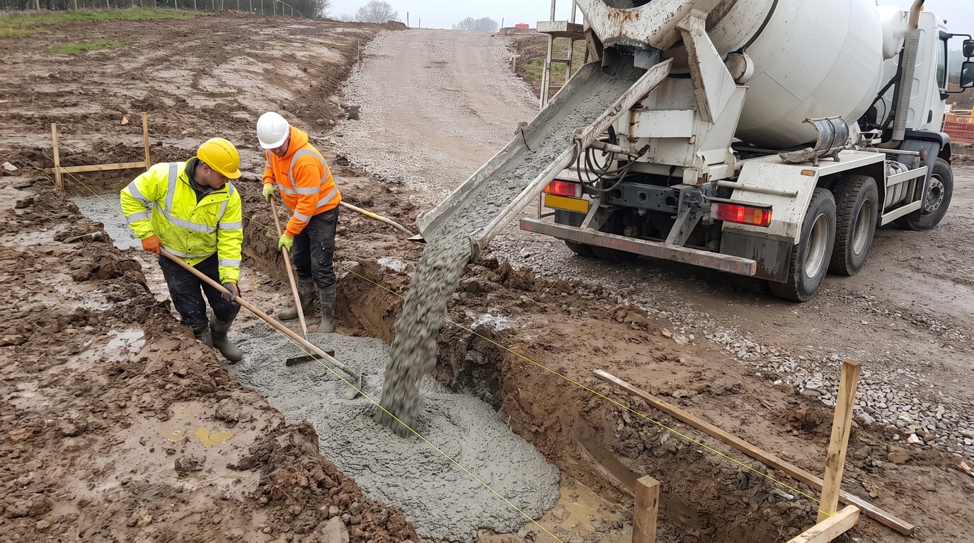 Concrete flowing down a truck mixer chute into a trench fill foundation while two groundworkers guide and tamp the wet concrete along the trench