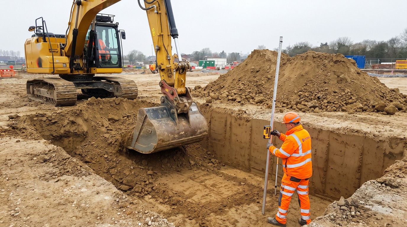 A tracked excavator opening a foundation trench while a groundworker checks the depth with a receiver on a levelling staff, clean trench sides and spoil set back from the edge