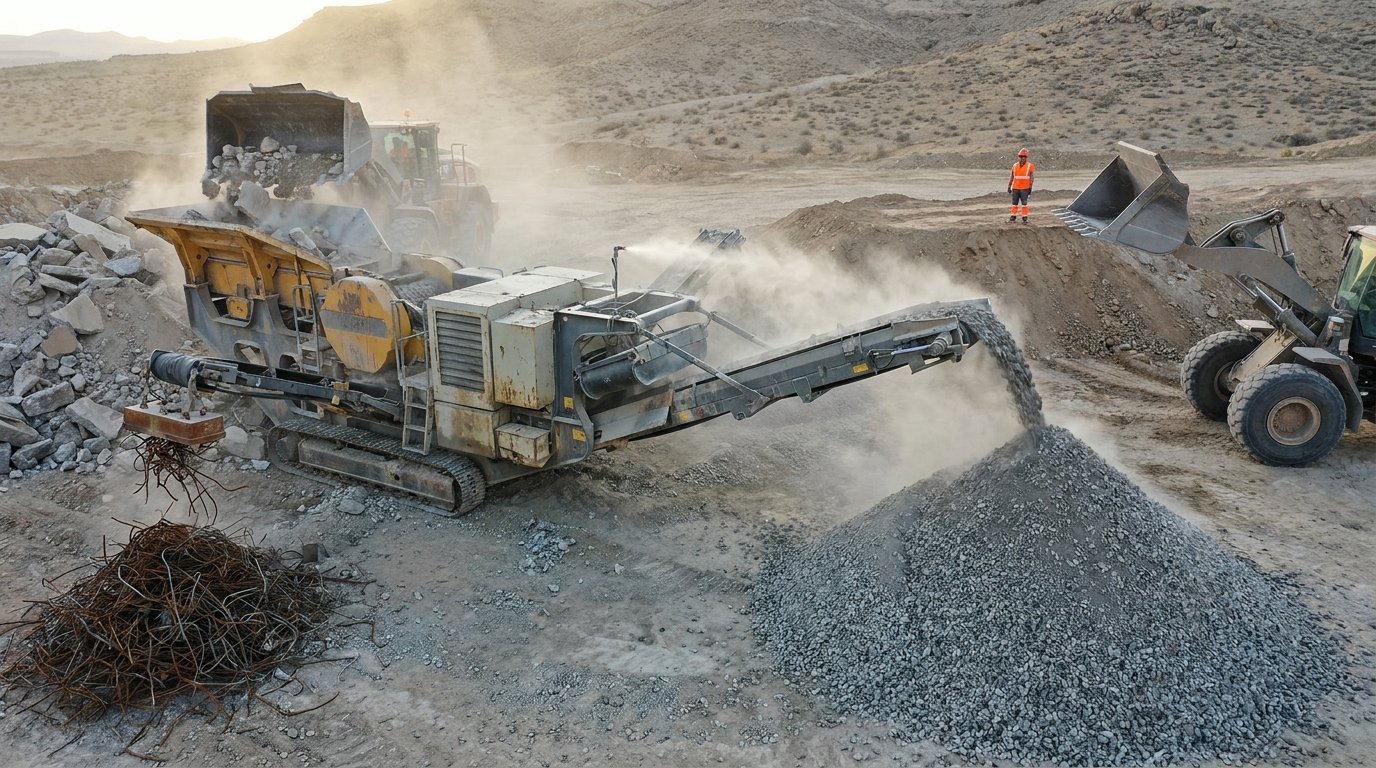 A mobile crusher processing demolition concrete into recycled aggregate while a magnet separates reinforcement into a steel pile