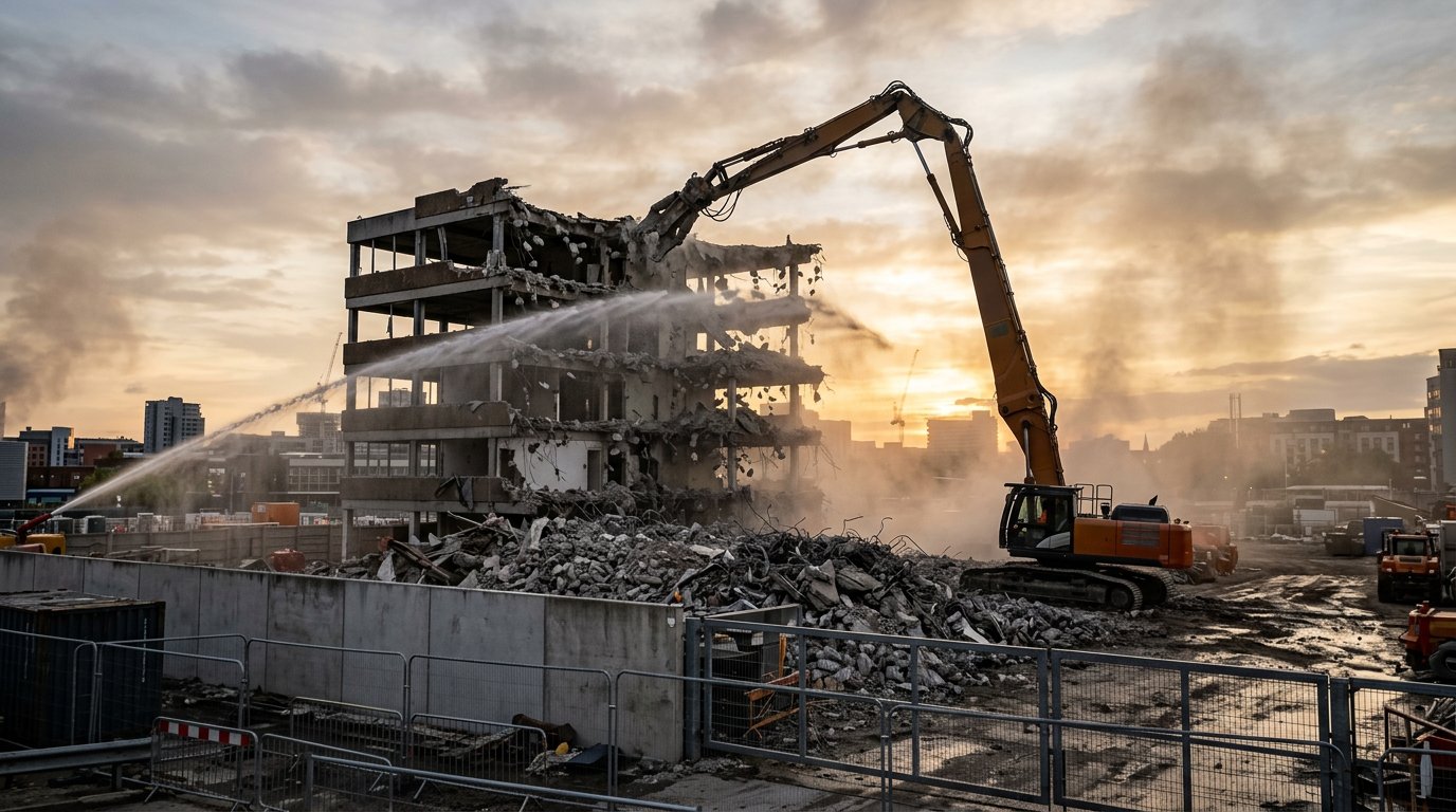 A high-reach excavator demolishing the upper floors of a concrete building behind an exclusion zone, with dust suppression water arcing across the face