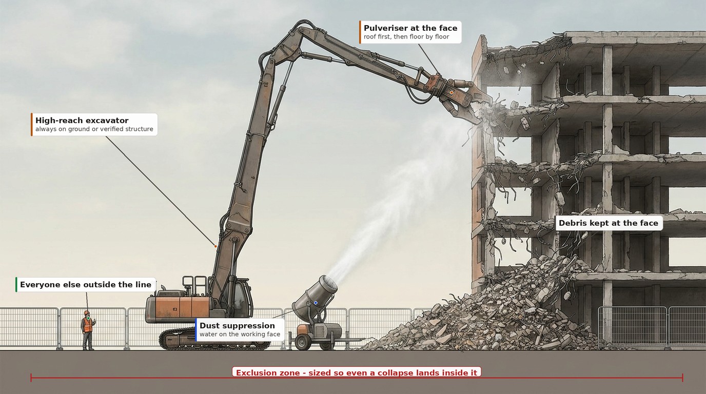 Labelled section illustration of a top-down demolition: high-reach excavator with pulveriser at the face, debris pile kept at the building, dust suppression cannon, and a red exclusion zone line with everyone else outside it