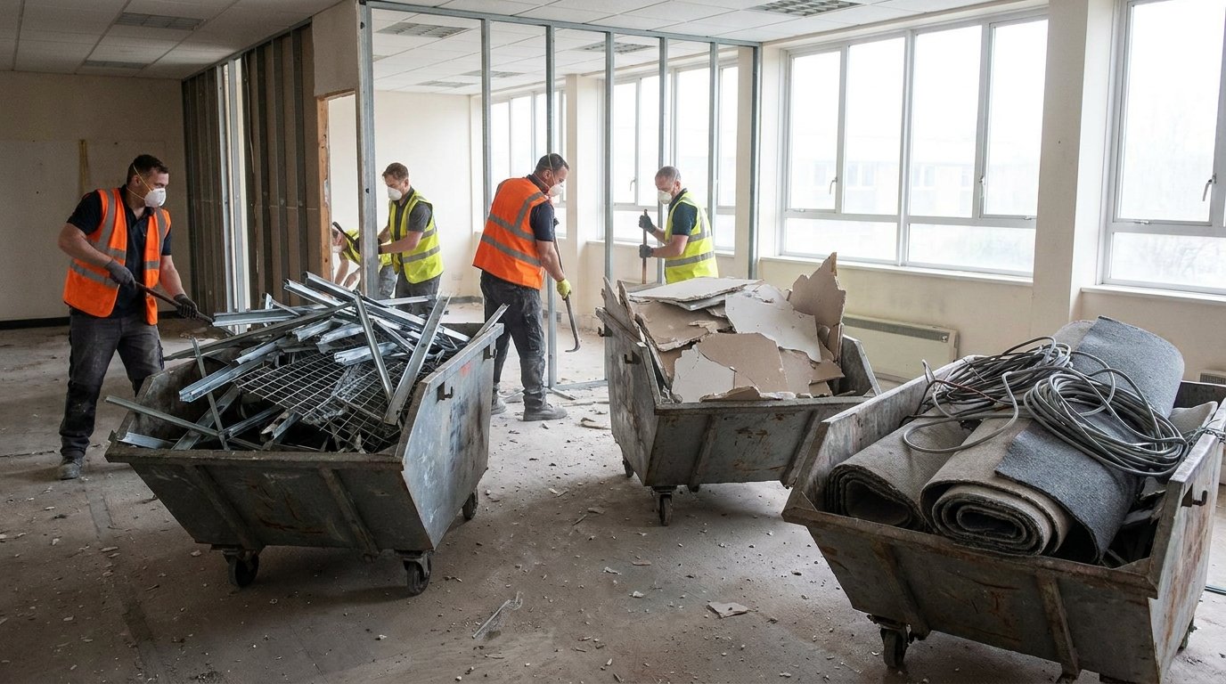 Workers soft-stripping an empty office floor, with ceiling tiles removed and materials segregated into separate wheeled bins