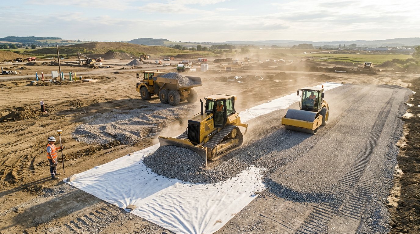 A dozer spreading crushed stone over white geotextile to form a access road while a roller compacts the finished section