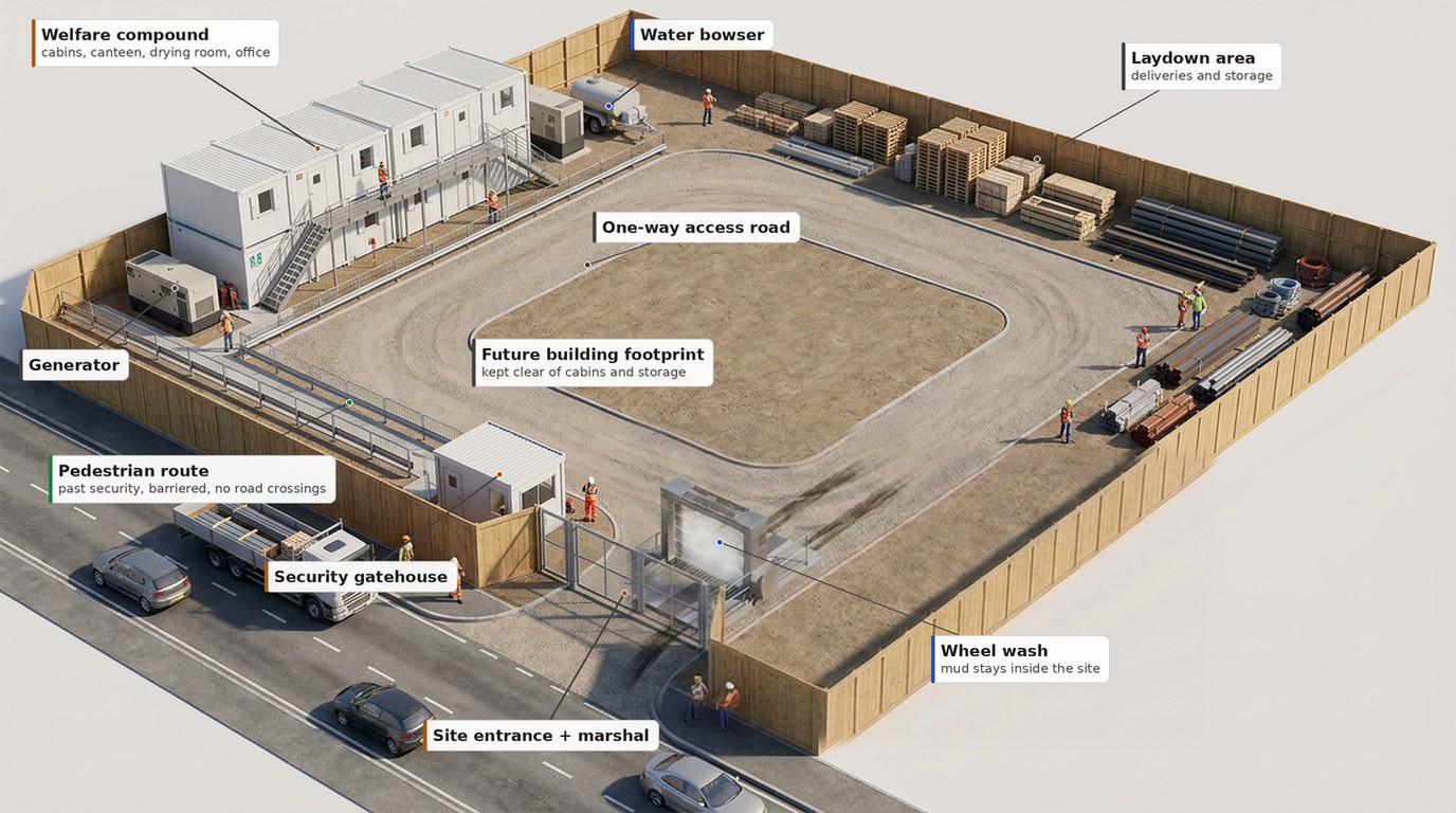 Labelled illustration of a fully set up construction site: welfare compound, generator, water bowser, laydown area, one-way access road around the future building footprint, security gatehouse, site entrance, wheel wash and a barriered pedestrian route