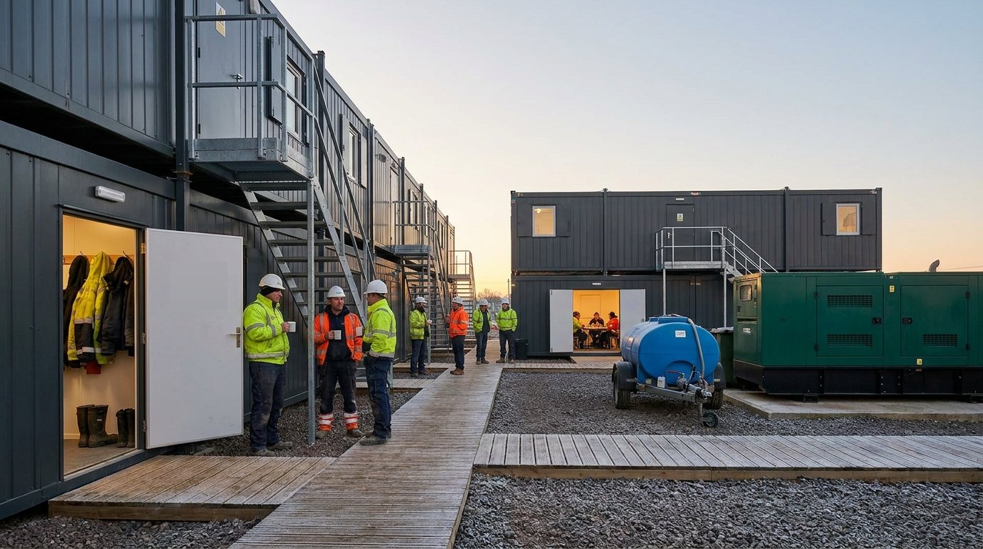 A tidy welfare compound of stacked modular cabins with workers outside the canteen at the start of a shift
