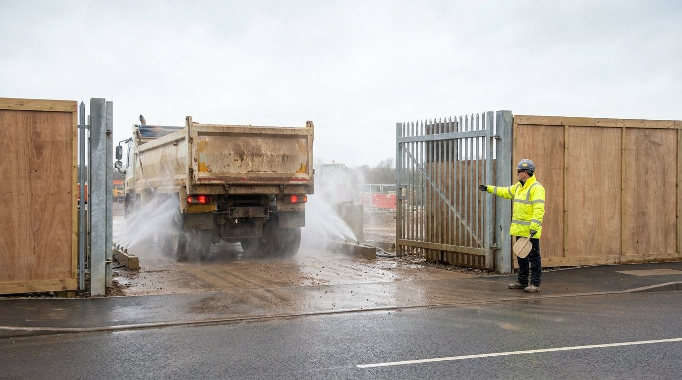 A tipper truck passing through a wheel wash at a site entrance with a marshal controlling the exit