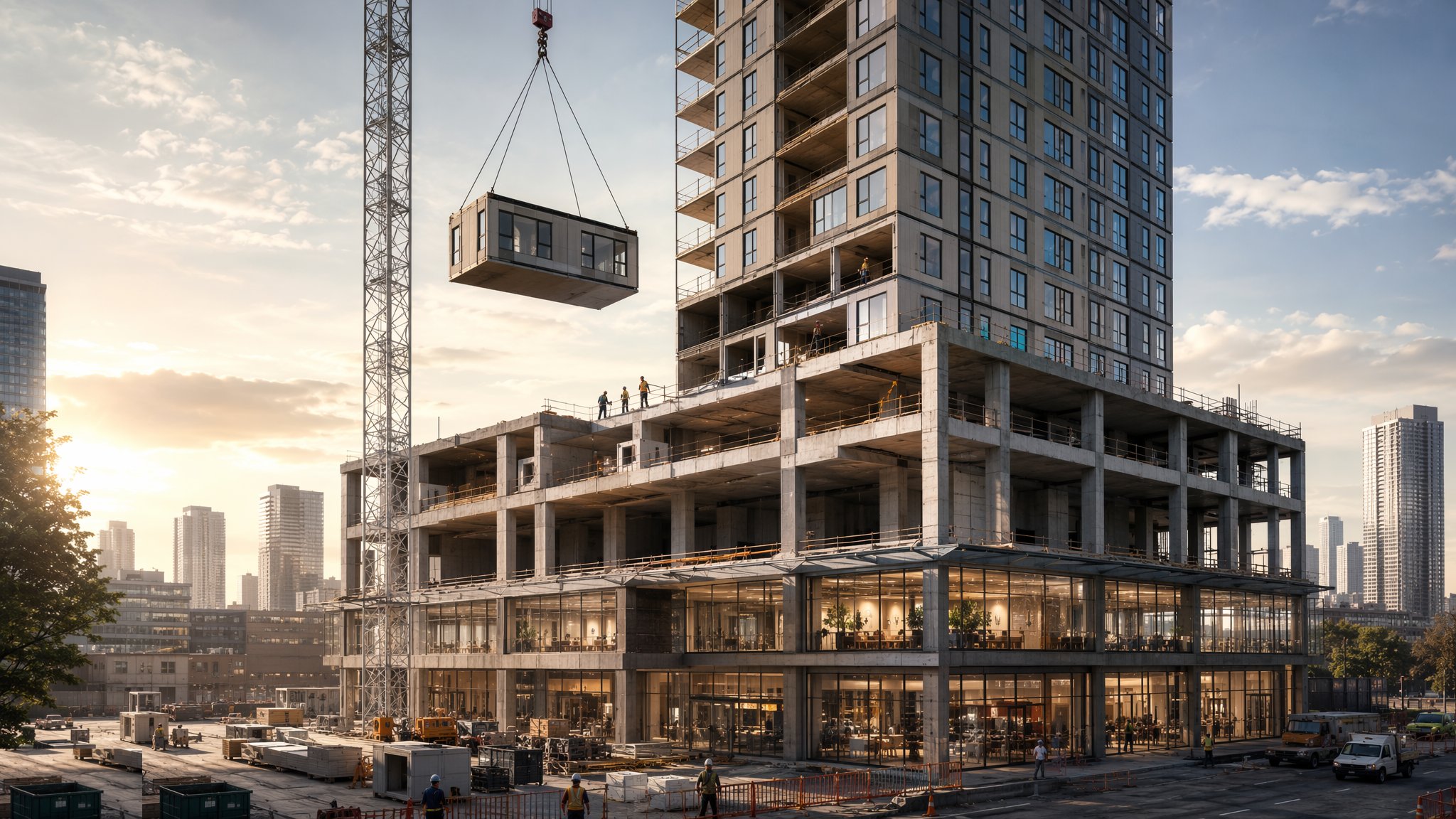 Hybrid MMC — Modules on Podiums, Precast on Cores — construction process cover