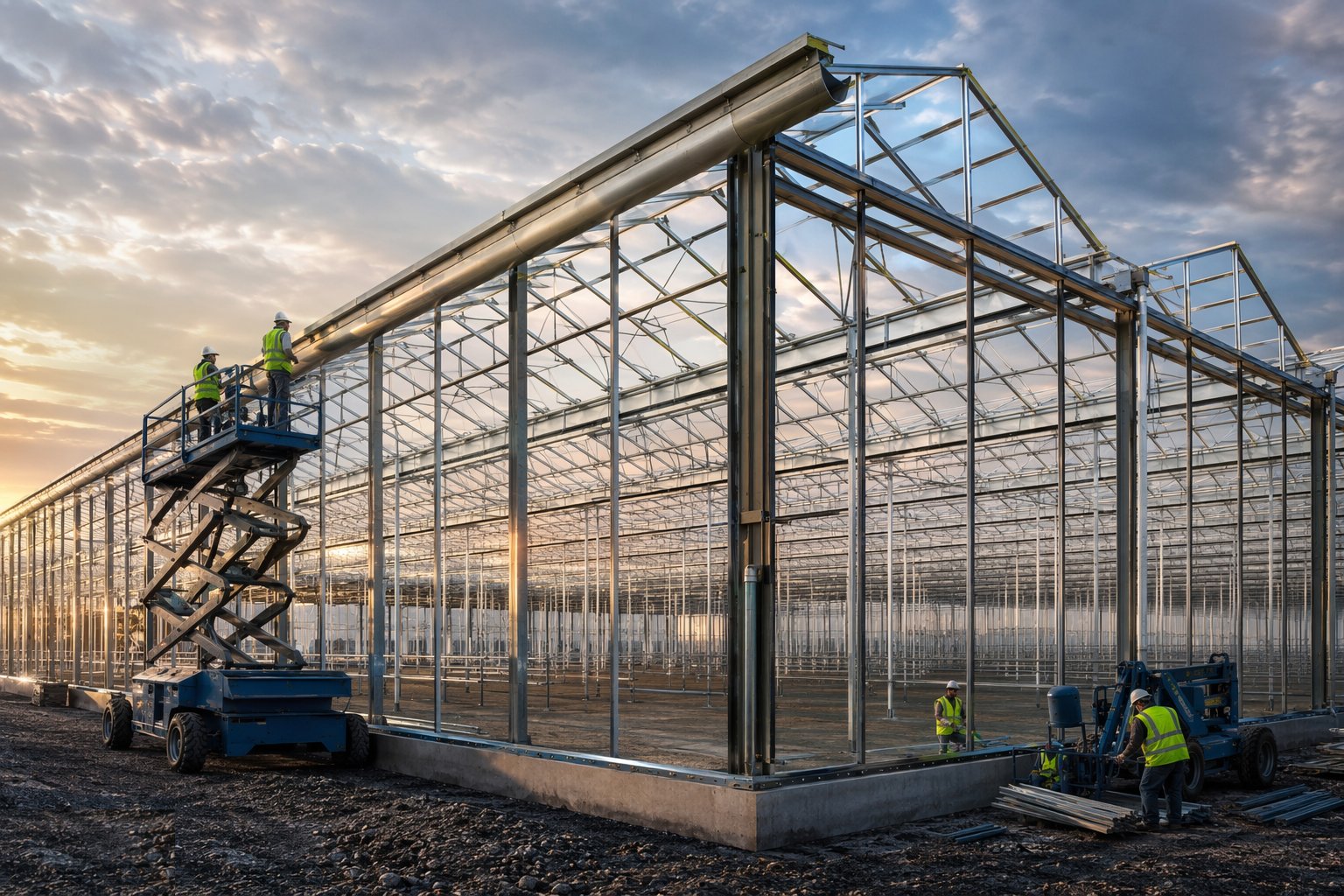Erect the steel structure and gutters — Glasshouses & Vertical Farms, step 2