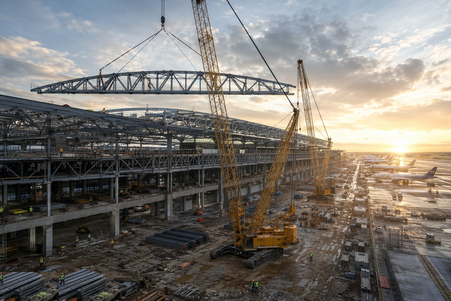 Erect the long-span steel with an engineered sequence — Airport Terminal Construction, step 2