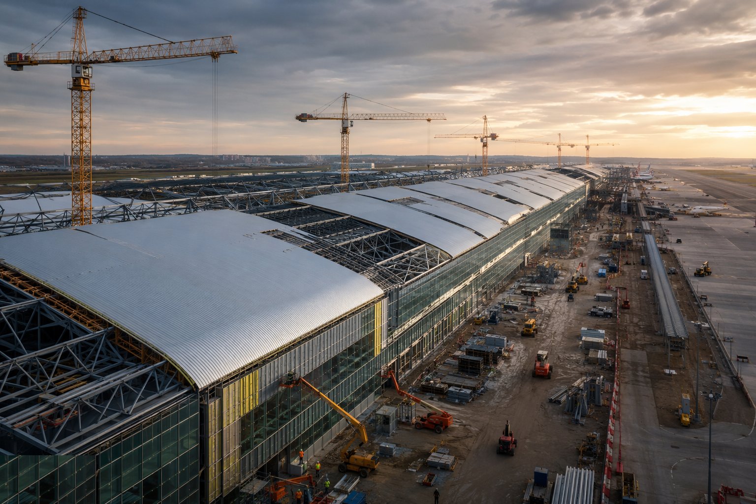 Close the roof and dry the building in — Airport Terminal Construction, step 3