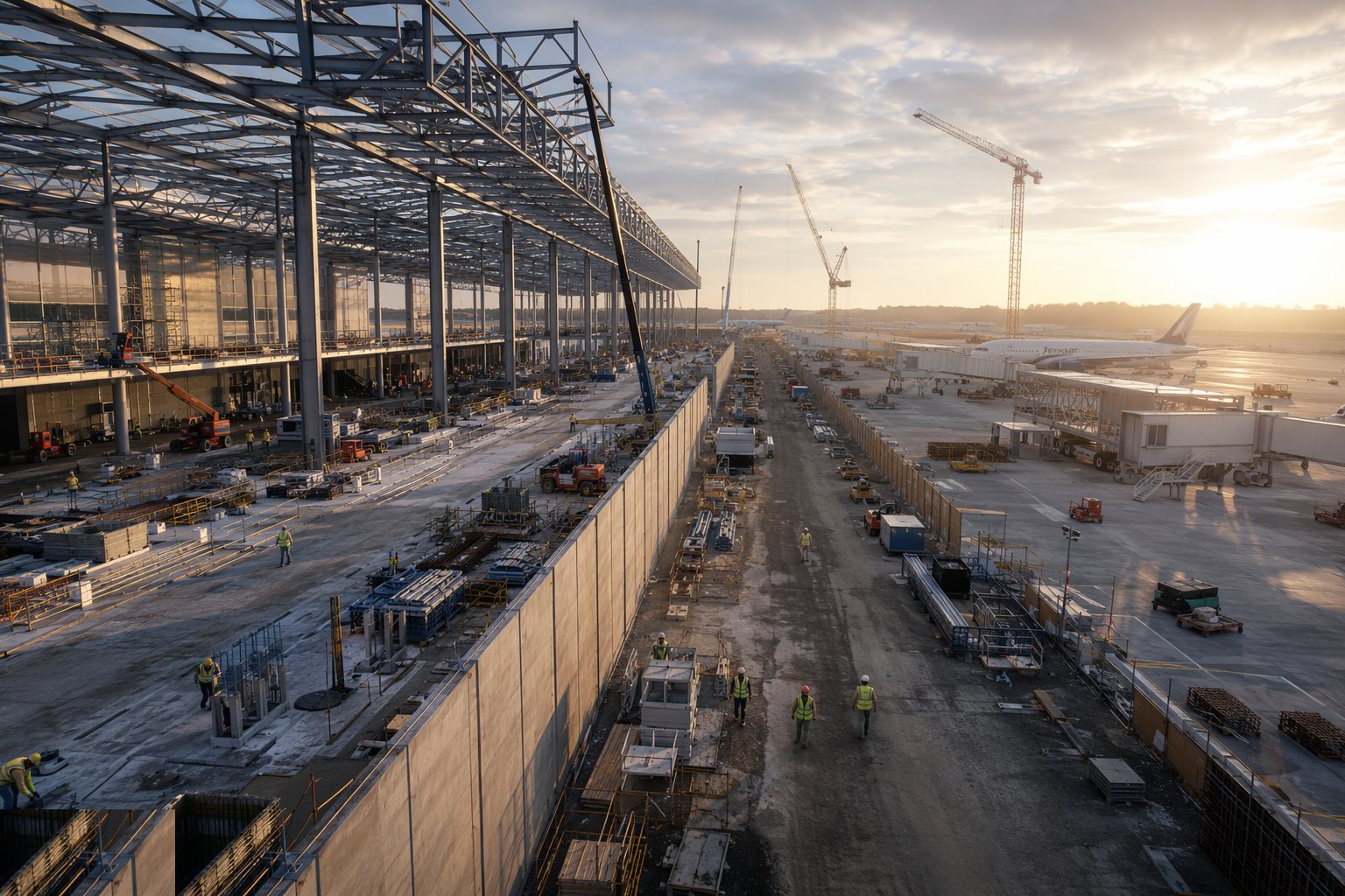 Build the airside/landside split as a construction system — Airport Terminal Construction, step 4
