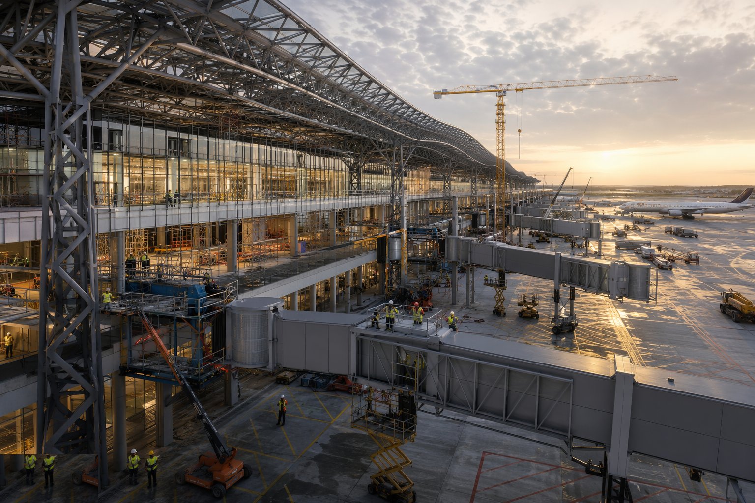 Install fixed links, airbridges and stand services — Airport Terminal Construction, step 6