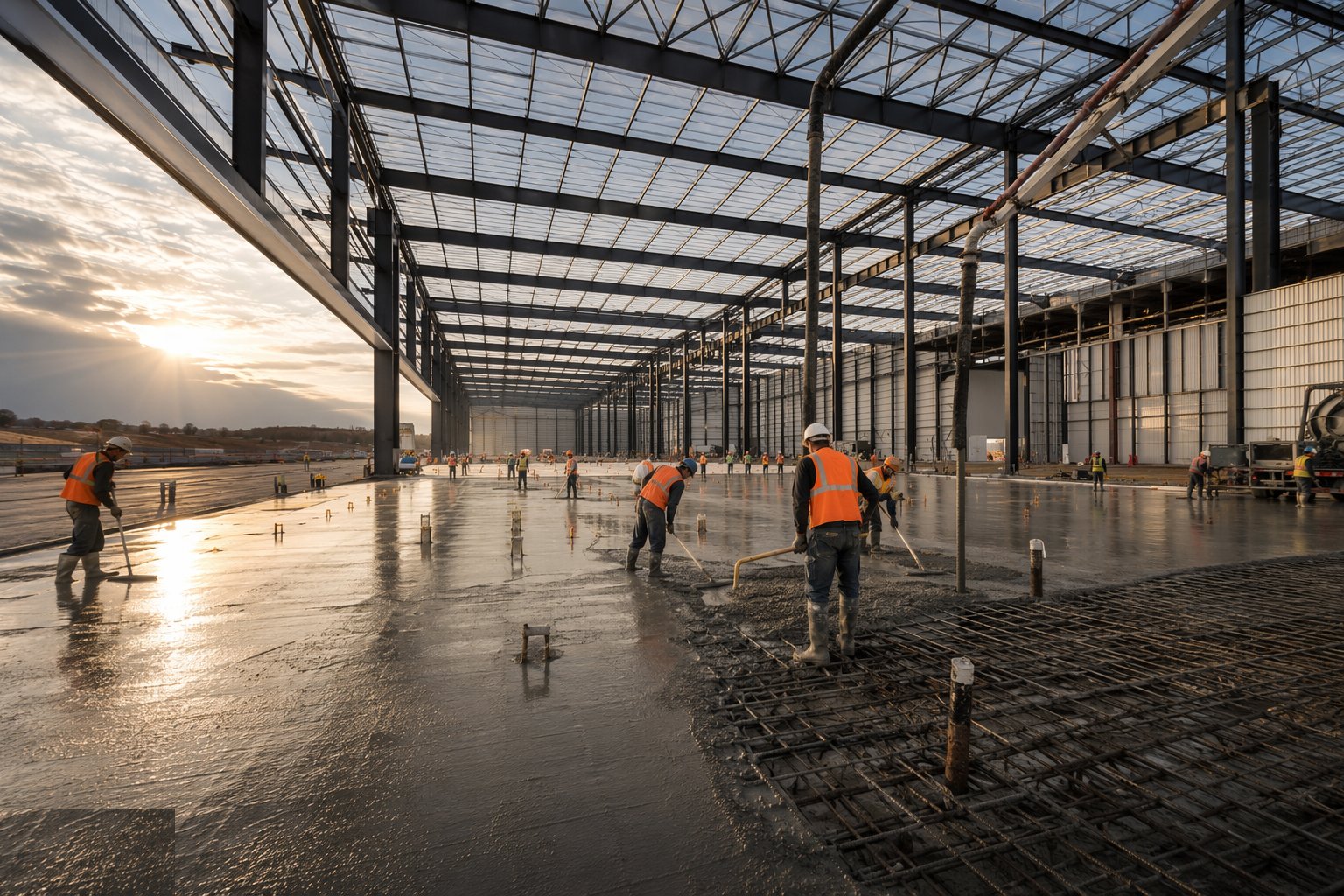 Found the frame and cast the serviced floor — Hangars & Cargo Facility Construction, step 1
