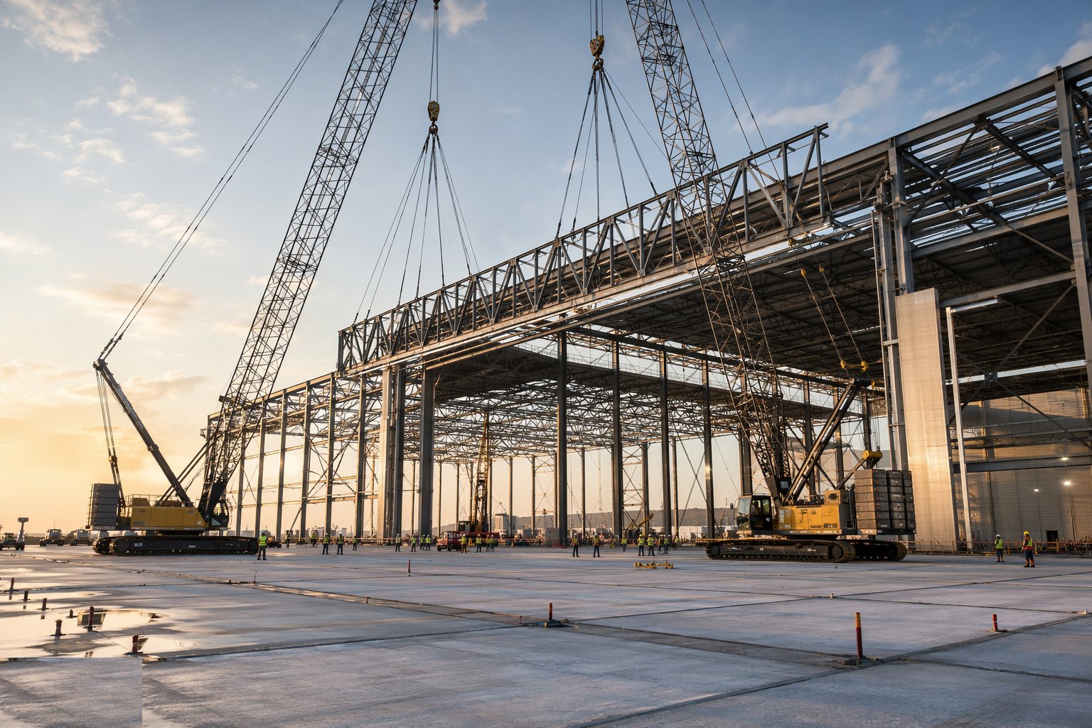 Erect the long-span frame with engineered stability — Hangars & Cargo Facility Construction, step 2