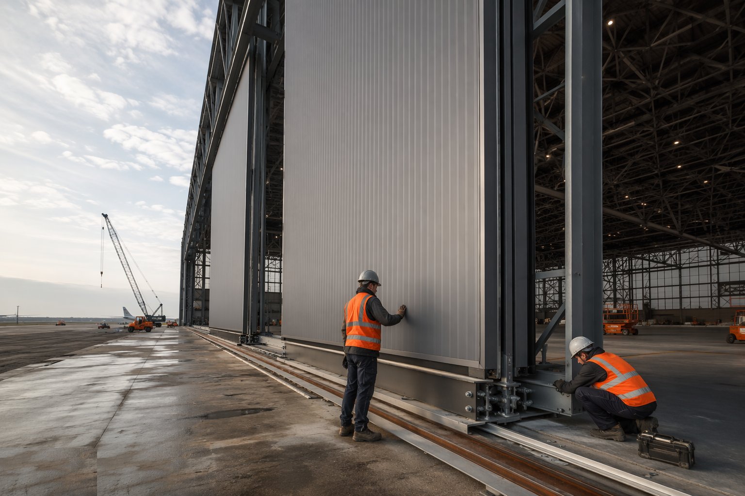 Install the hangar doors and commission them as machines — Hangars & Cargo Facility Construction, step 3