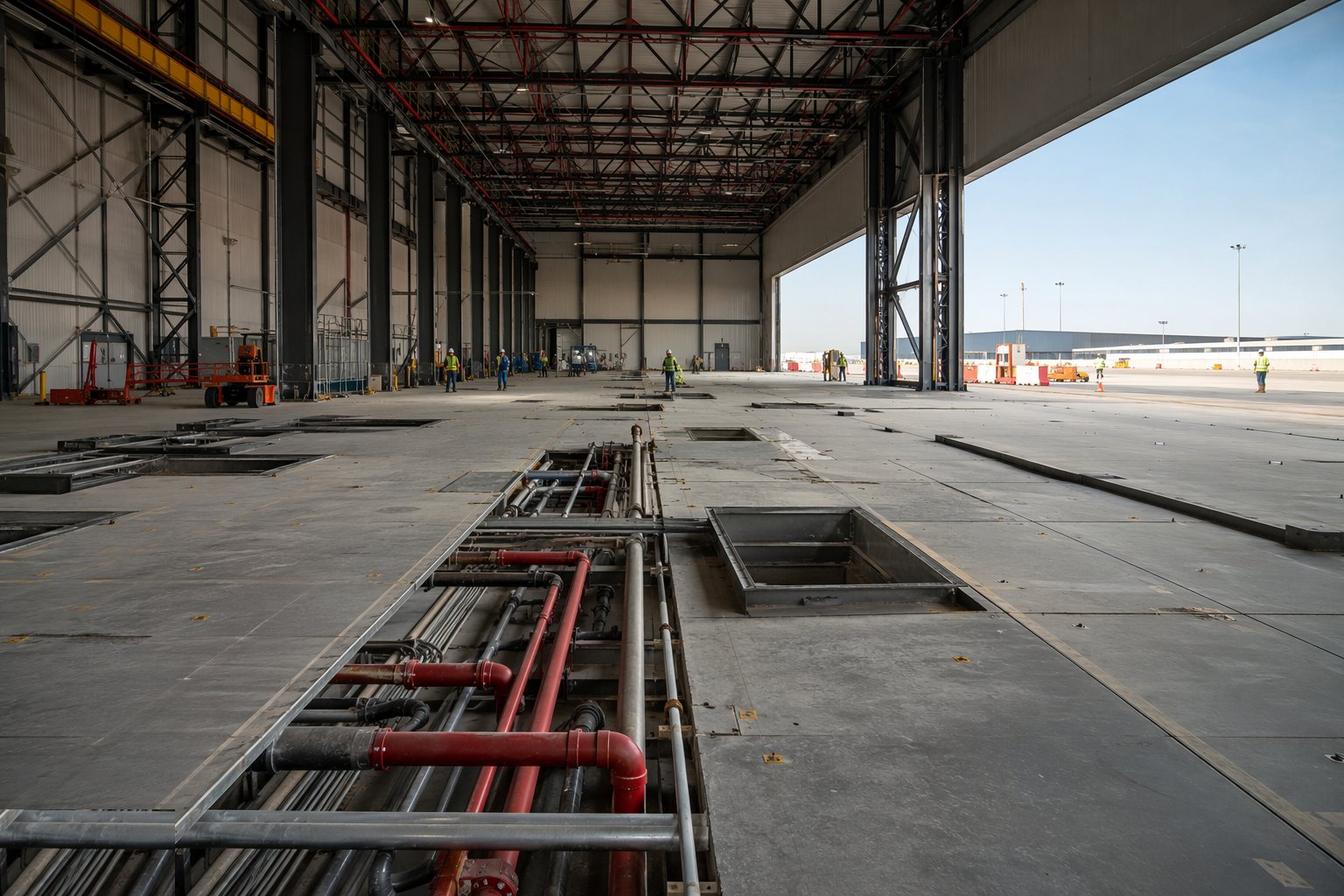 Fit the floor services, pits and fire protection — Hangars & Cargo Facility Construction, step 4