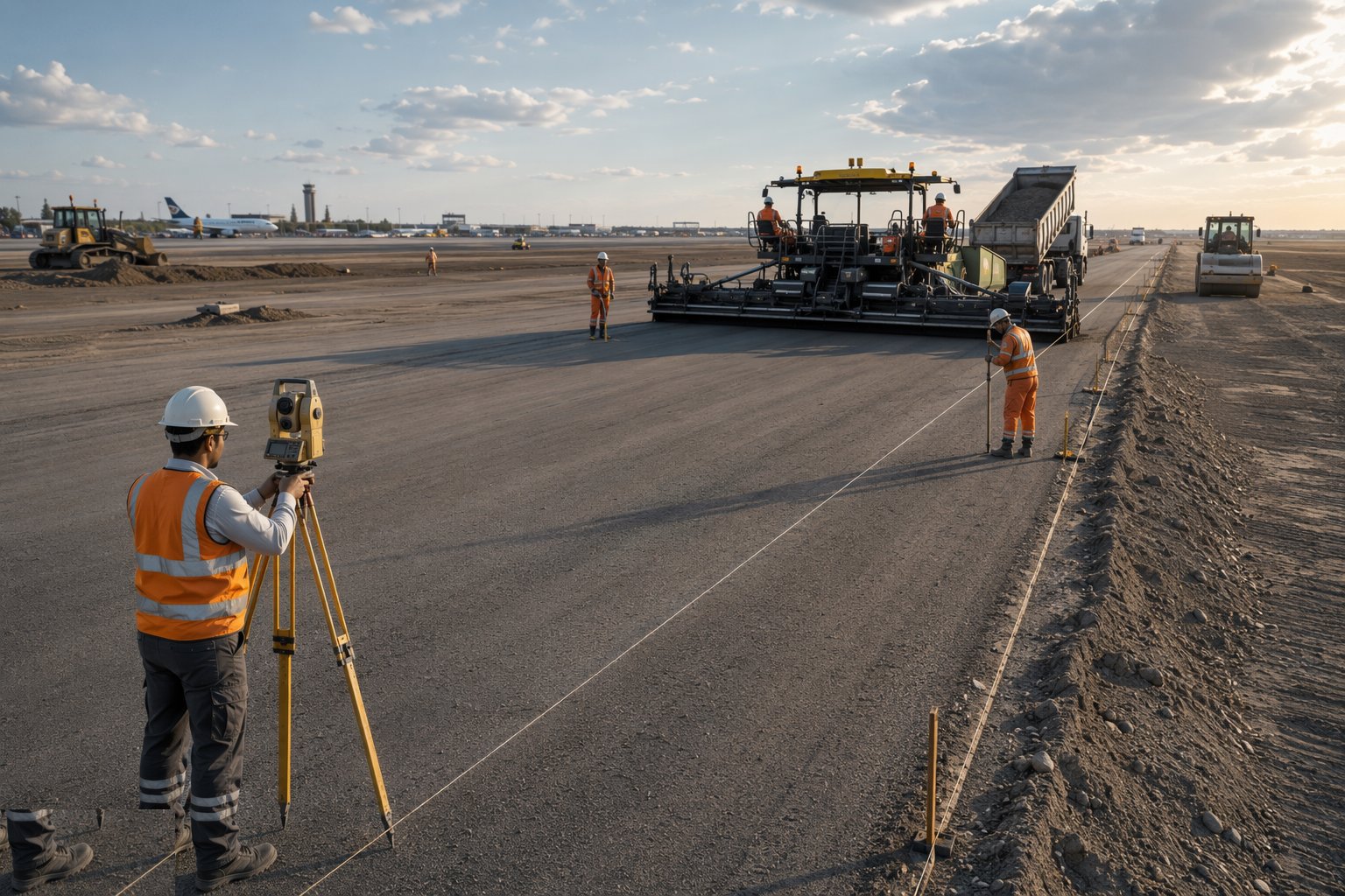 Set out the paving train and the datum — Runway & Taxiway Pavement Construction, step 2