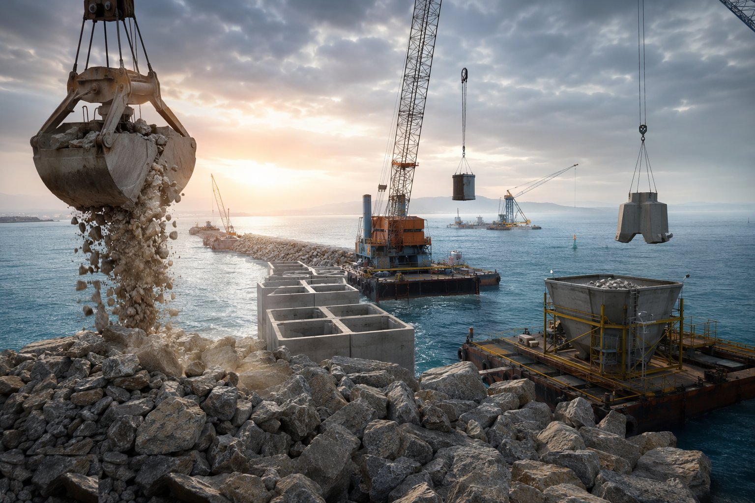 Win, grade and deliver the rock; cast the armour units — Breakwaters & Groynes, step 2