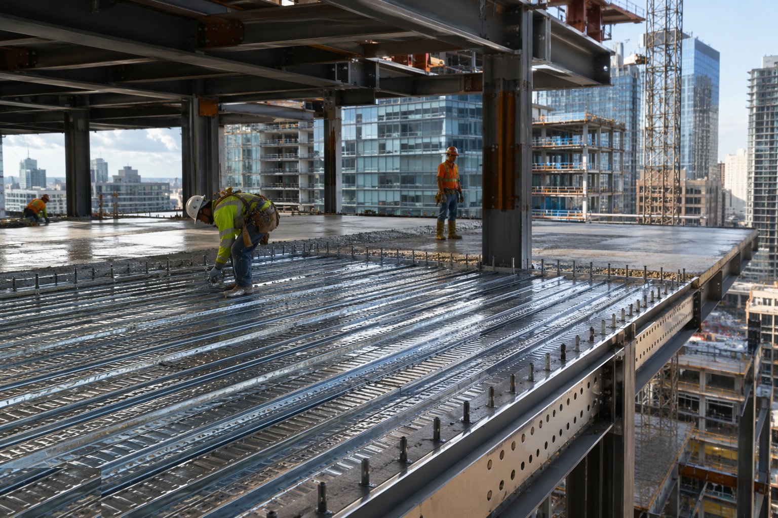 Lay and fix the deck, edge trim and pour stops — Floor Plates & Composite Decks, step 1