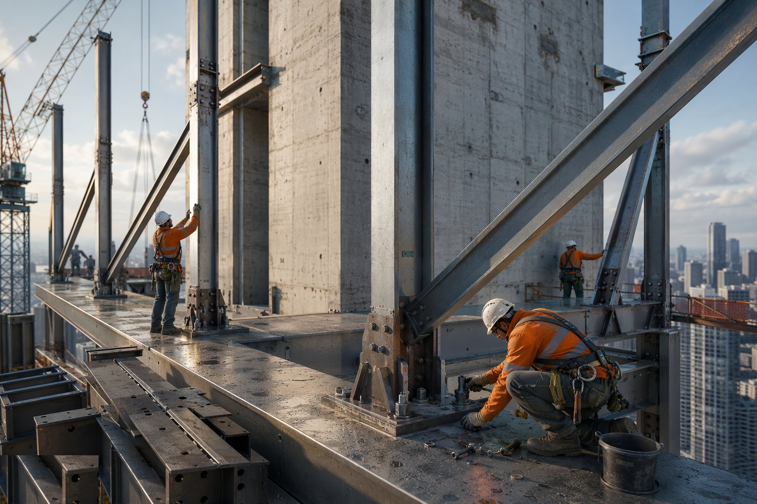 Set out, check and grout the base connections — Long-Span Structural Frames, step 1
