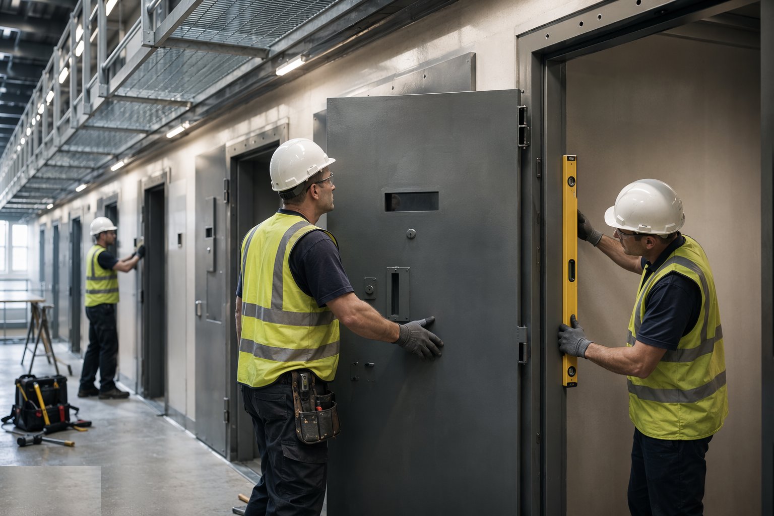 Hang the detention doors and prove the frames — Custodial Fit-Out & Security Systems, step 1