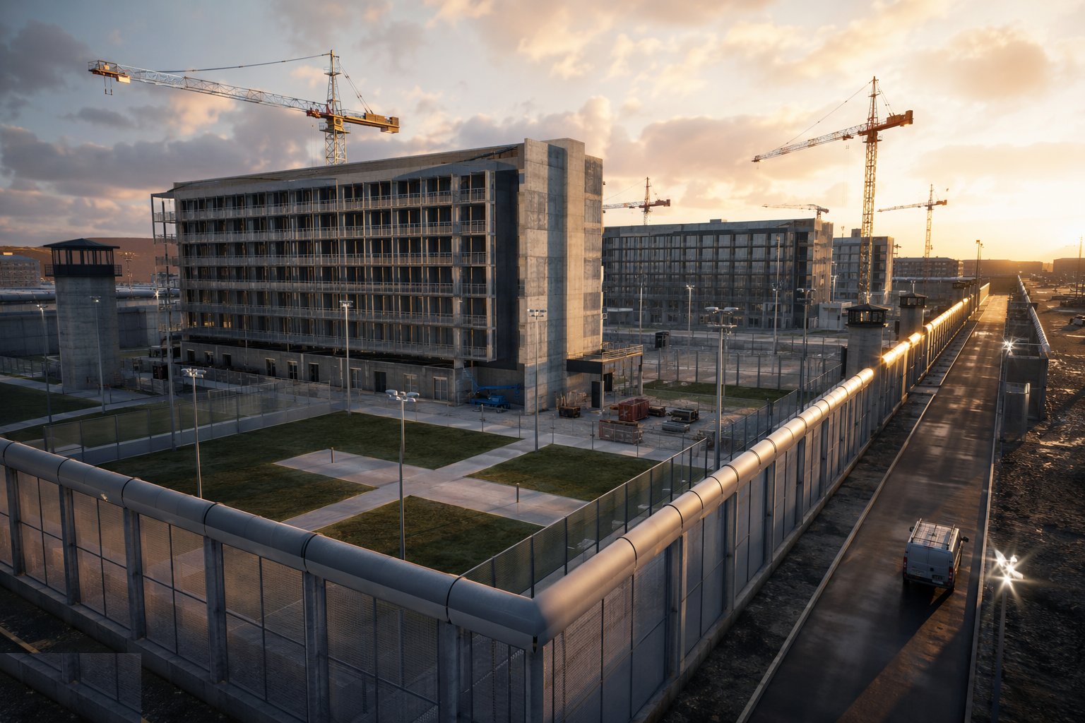 Complete yards, secure externals and harden the envelope — Prison Construction, step 7