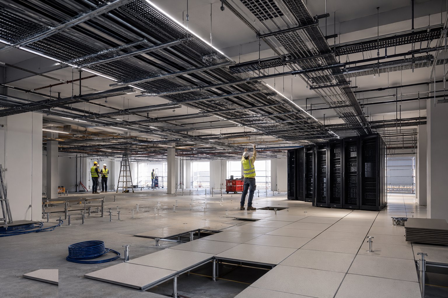 Install overhead services before the floor — White-Space Fit-Out, step 2