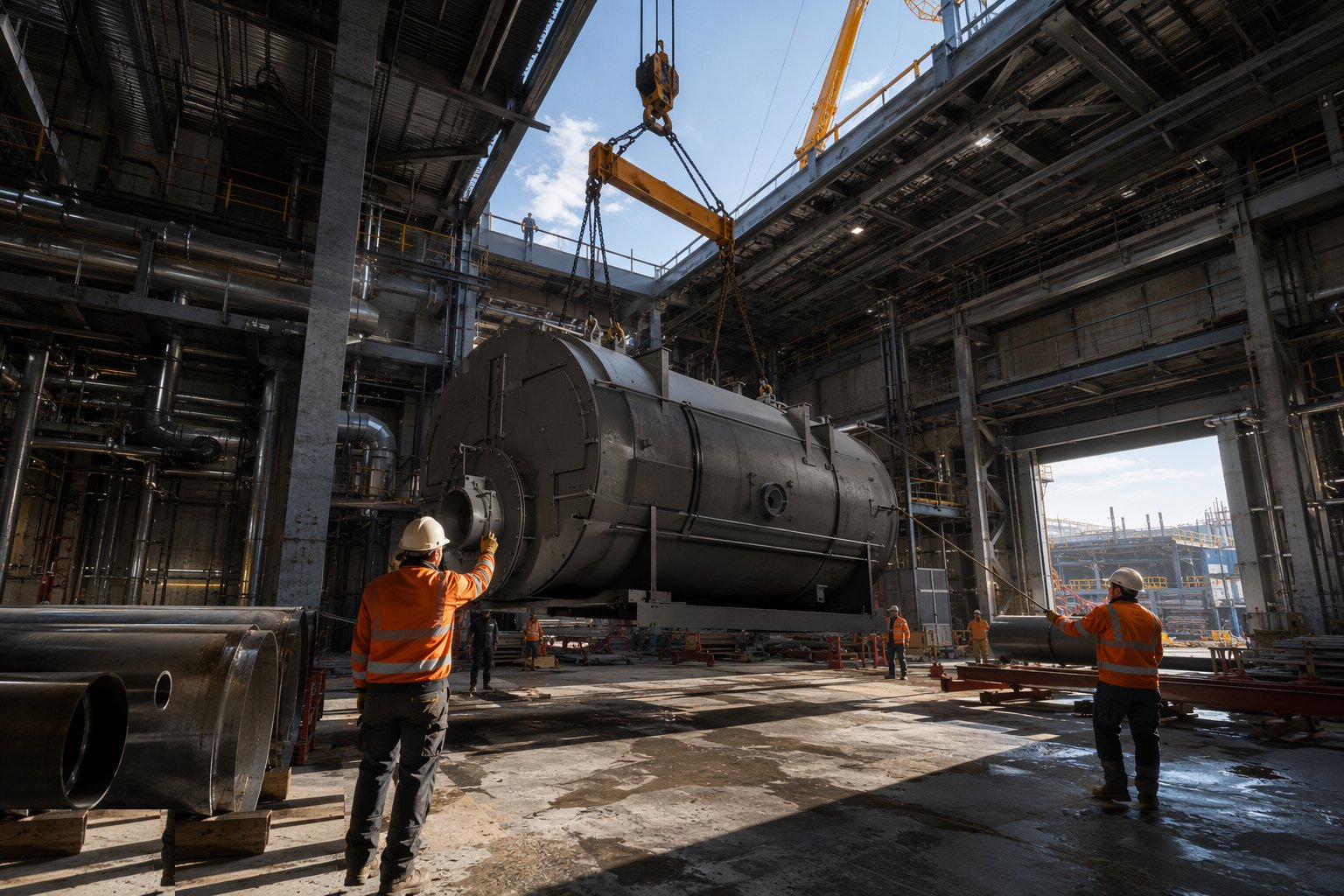 Heavy lift and set the primary plant — Energy Centre Construction, step 2