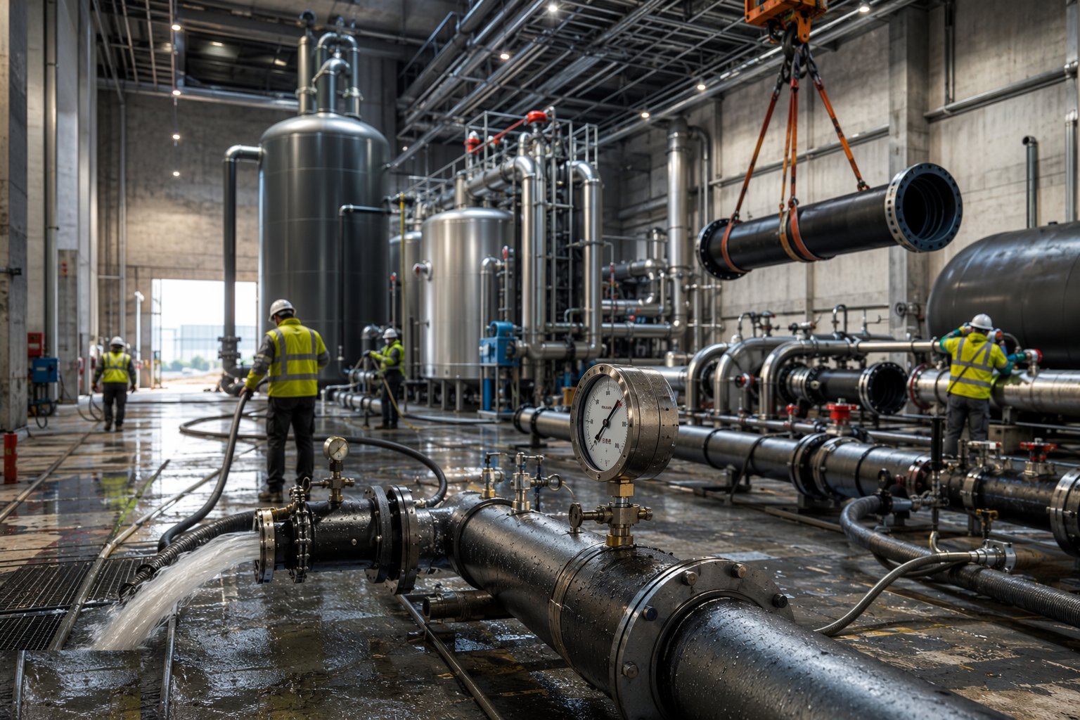 Flush, treat and pressure-test the systems — Energy Centre Construction, step 5