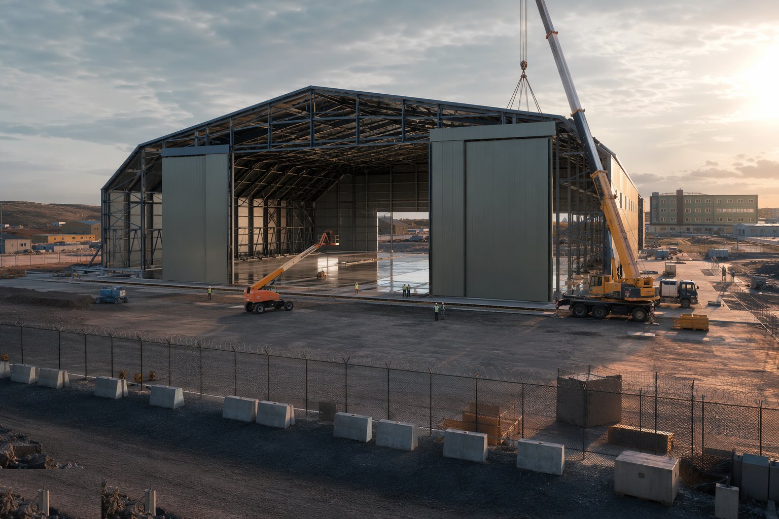 Erect the hangar frame, floor and doors — Defence Estate Construction, step 3