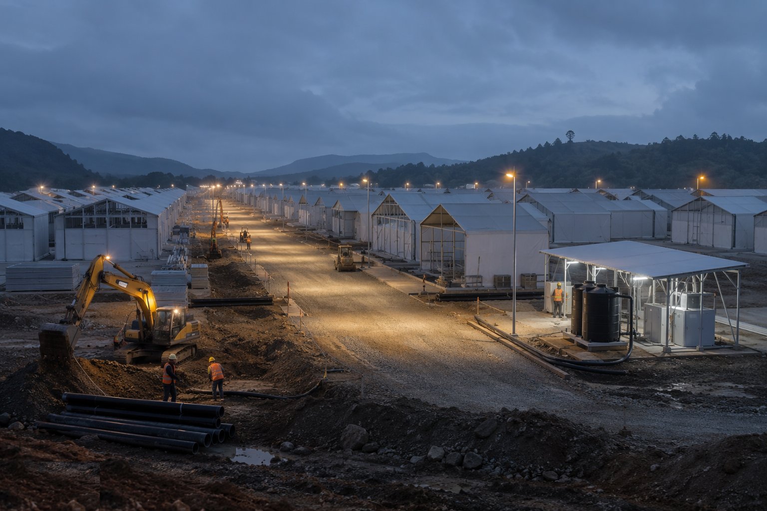 Build the communal spine and the camp services — Temporary Shelter & Settlement Construction, step 6