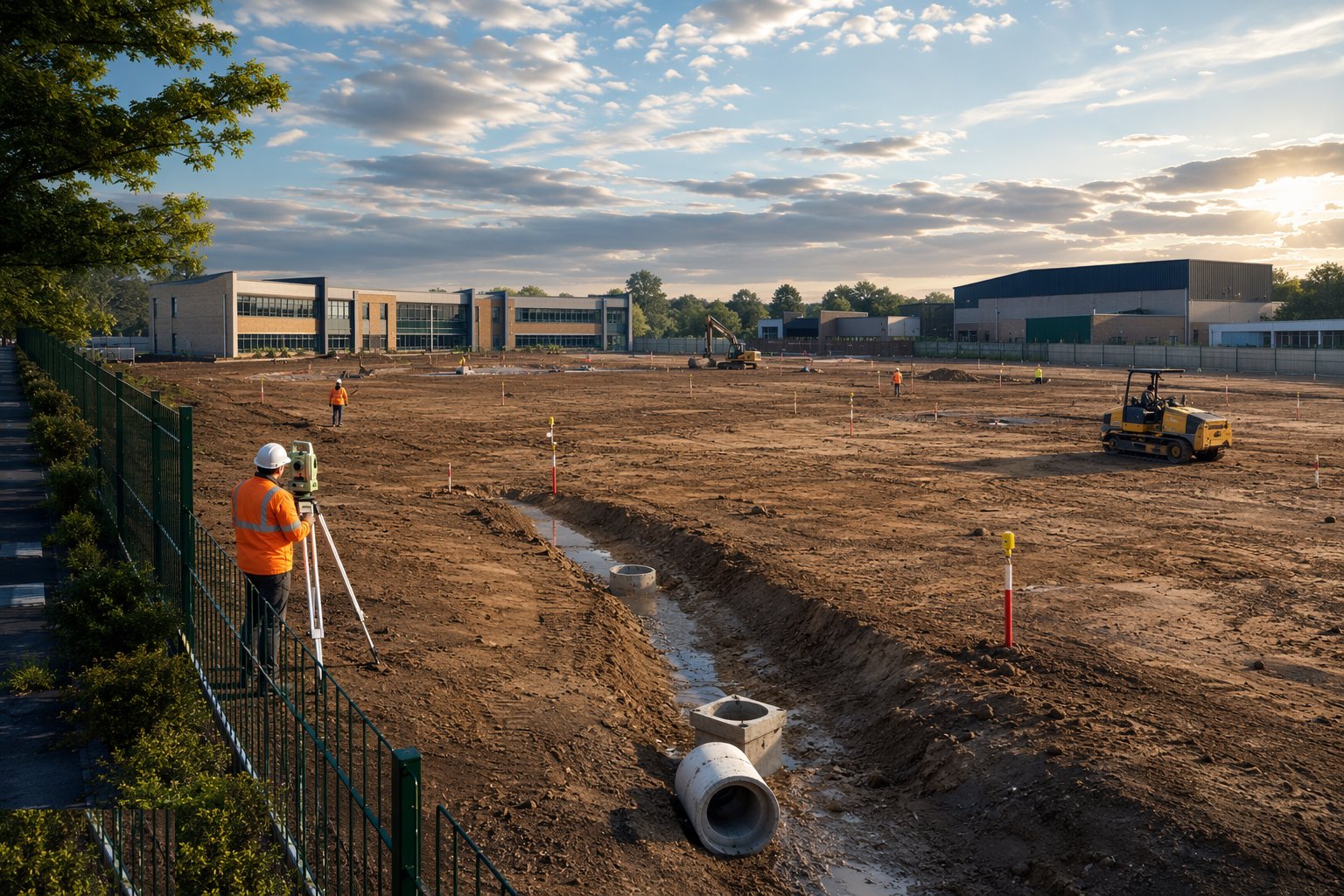 Set out the campus: levels, drainage and safeguarding sightlines — School Construction, step 2
