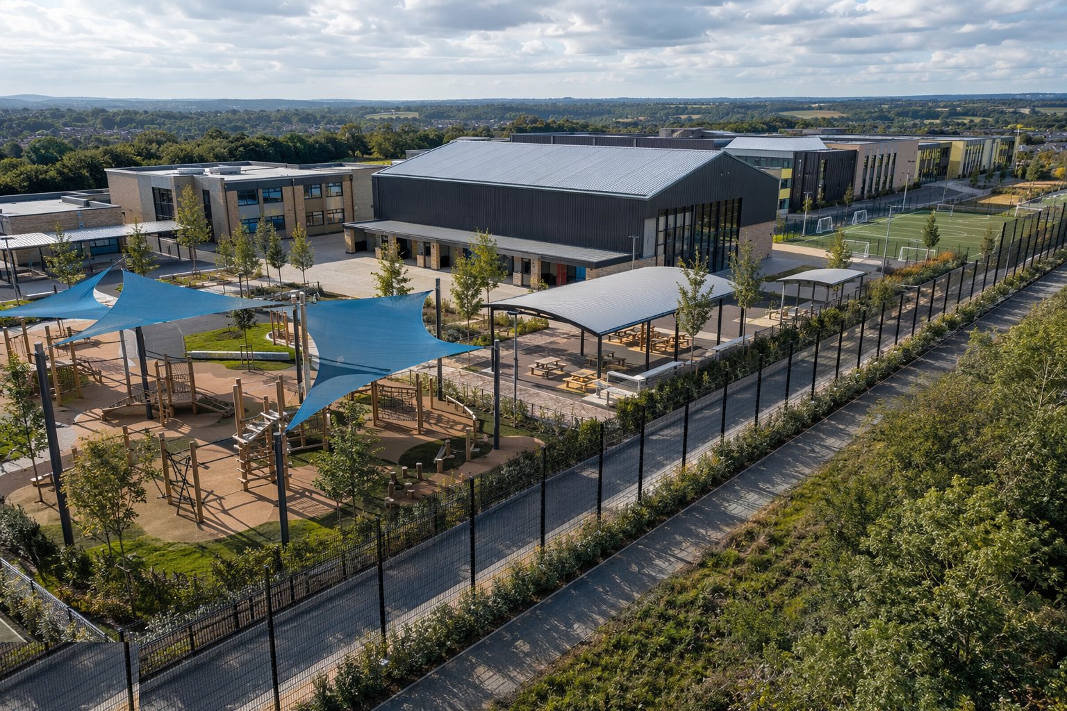 Deliver the external works: play areas, canopies and the secure boundary — School Construction, step 7