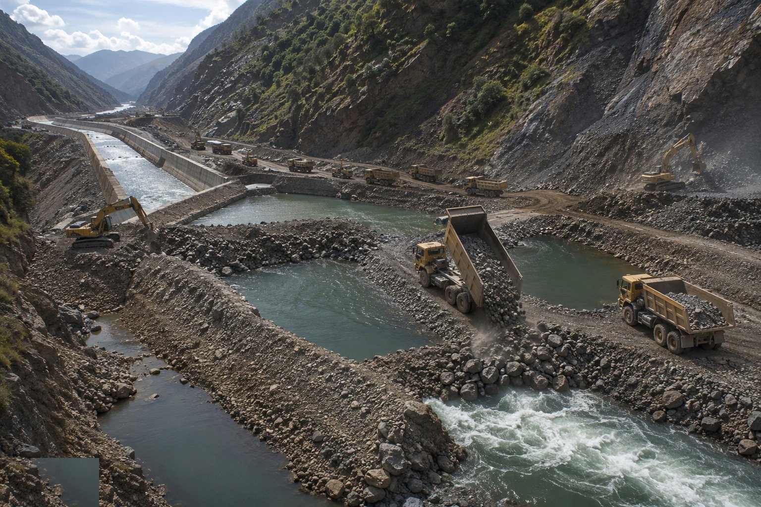 Close the river behind the upstream cofferdam — River Diversion & Cofferdams, step 3