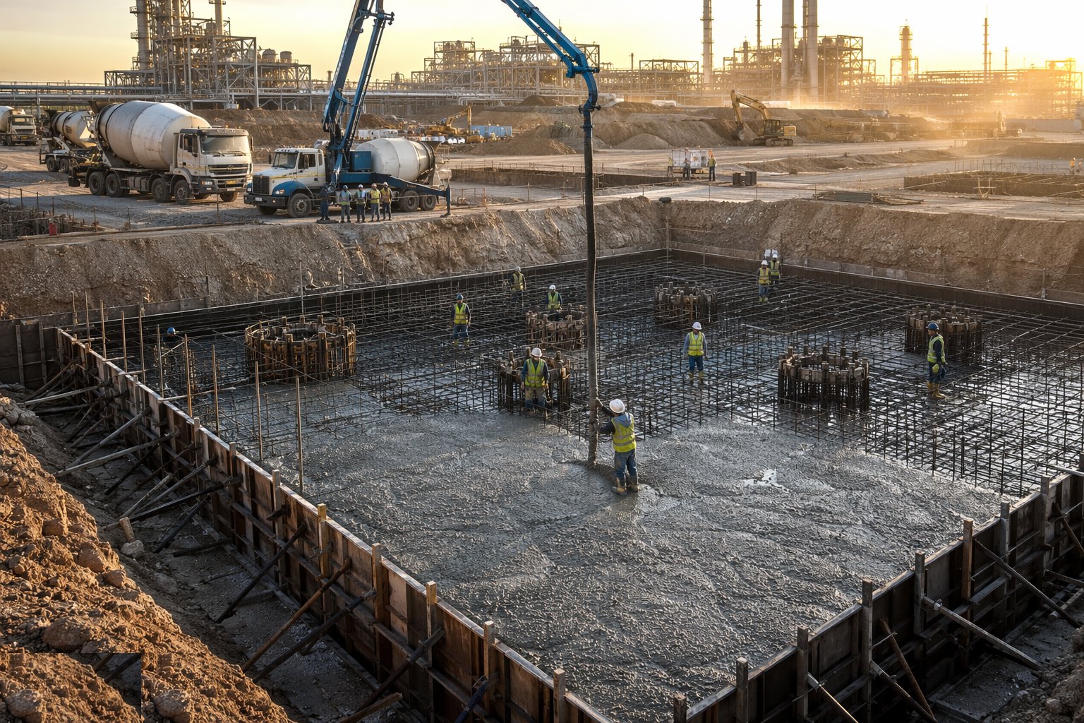 Pour with thermal and hot-weather control — Heavy Civils & Foundations, step 5